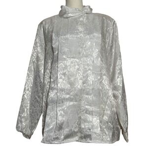 Vintage Fashion Attitudes White Floral Jacquard Mock Neck Blouse Top Size 18